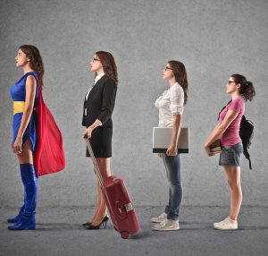 A girl in four stages, from teen to superwoman