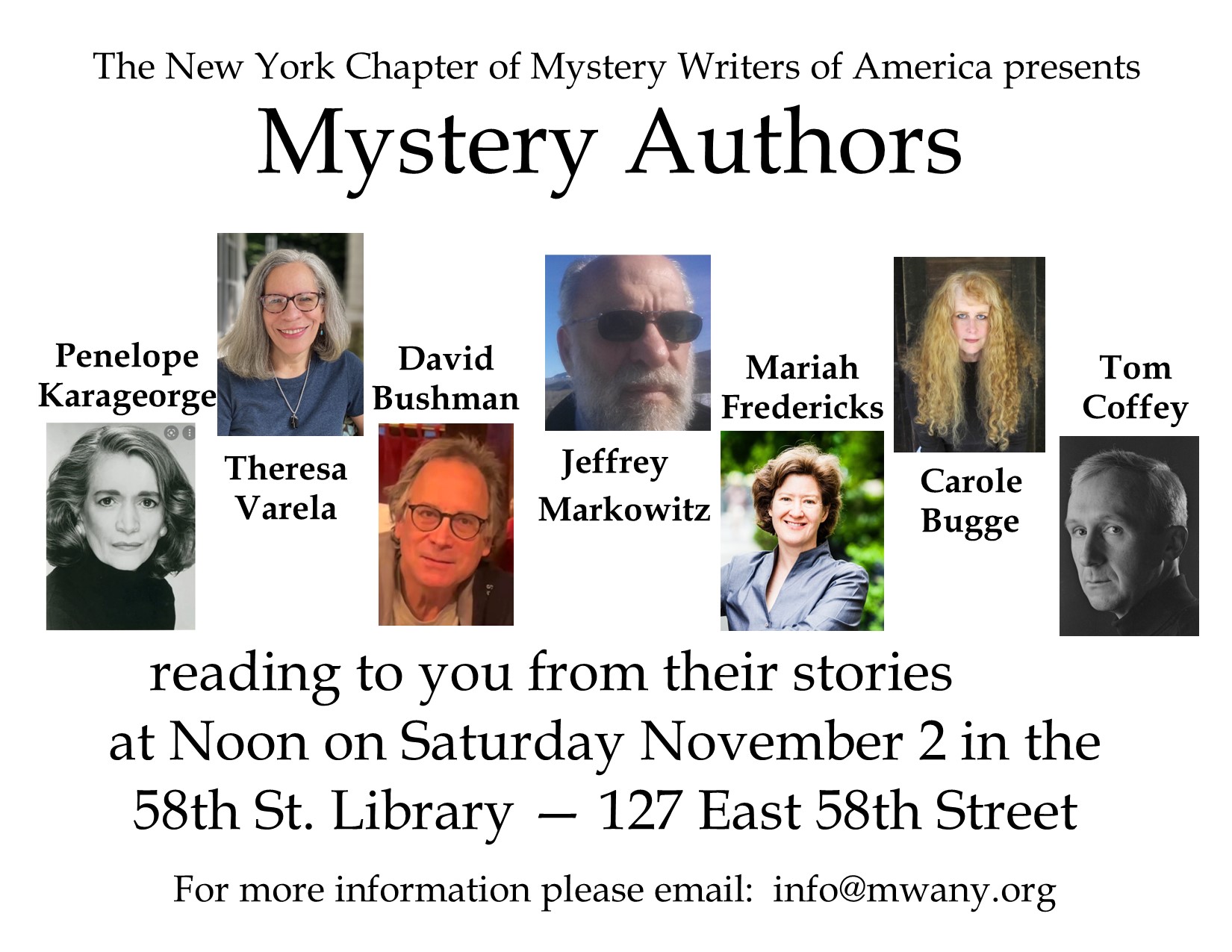 COME HEAR MWA NY AUTHORS READ FROM THEIR NEWEST WORKS Mystery 